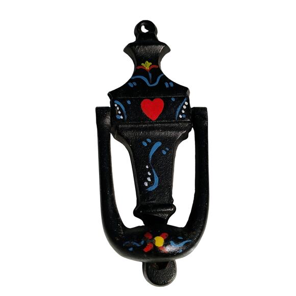 Narrow Black Vintage Hand Painted Cast Iron Amish Pennsylvania Dutch Doorknocker - Picture 1 of 9
